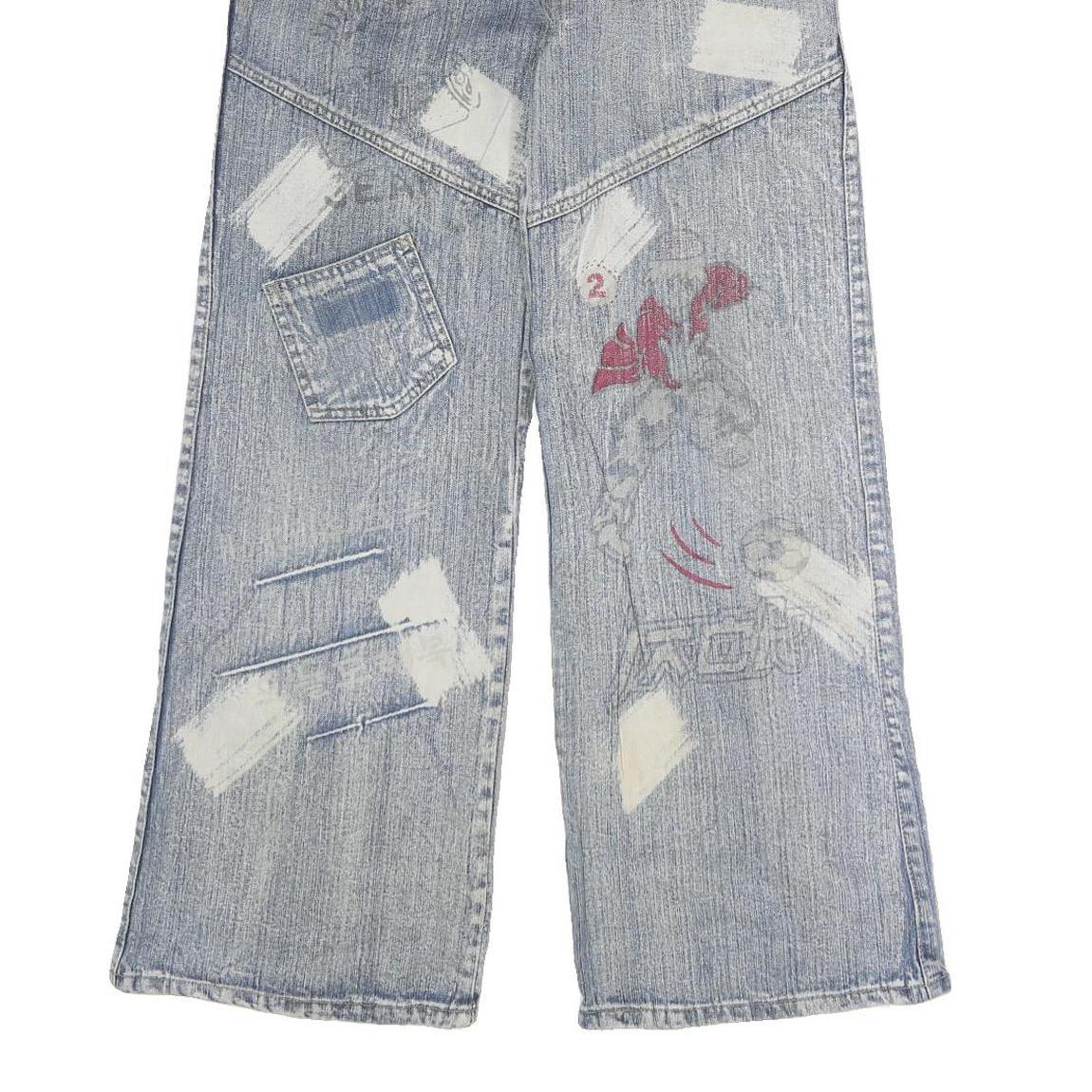 REN WOFEI Mens Blue Regular Straight Denim Stone Wash Jeans W26 L27 Distressed