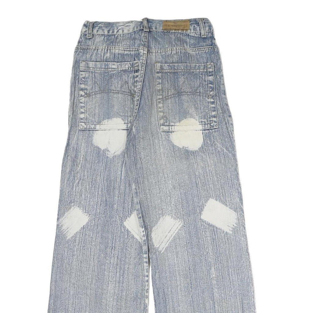 REN WOFEI Mens Blue Regular Straight Denim Stone Wash Jeans W26 L27 Distressed