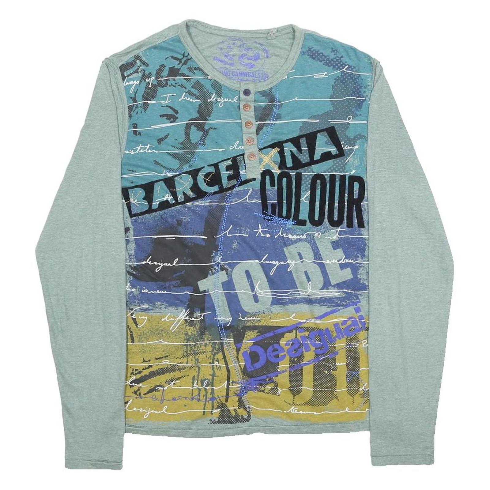 DESIGUAL Mens Blue Grey Graphic Modern Long Sleeve Round Neck M Cotton Blend