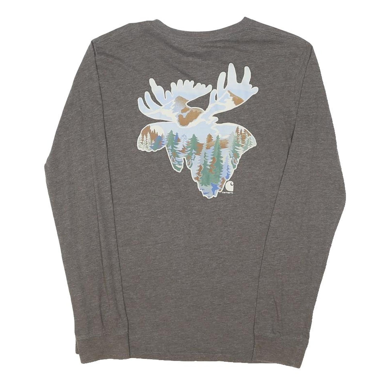 CARHARTT Boys Grey Moose Graphic Long Sleeve Crew Neck XL Cotton Blend T-Shirt