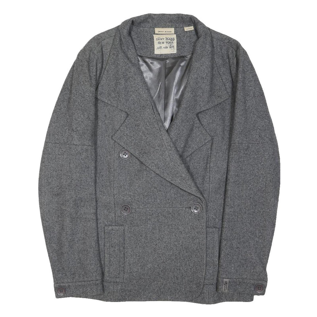DKNY Womens Grey Wool Blend Double Breasted Jacket L Woven Classic Button