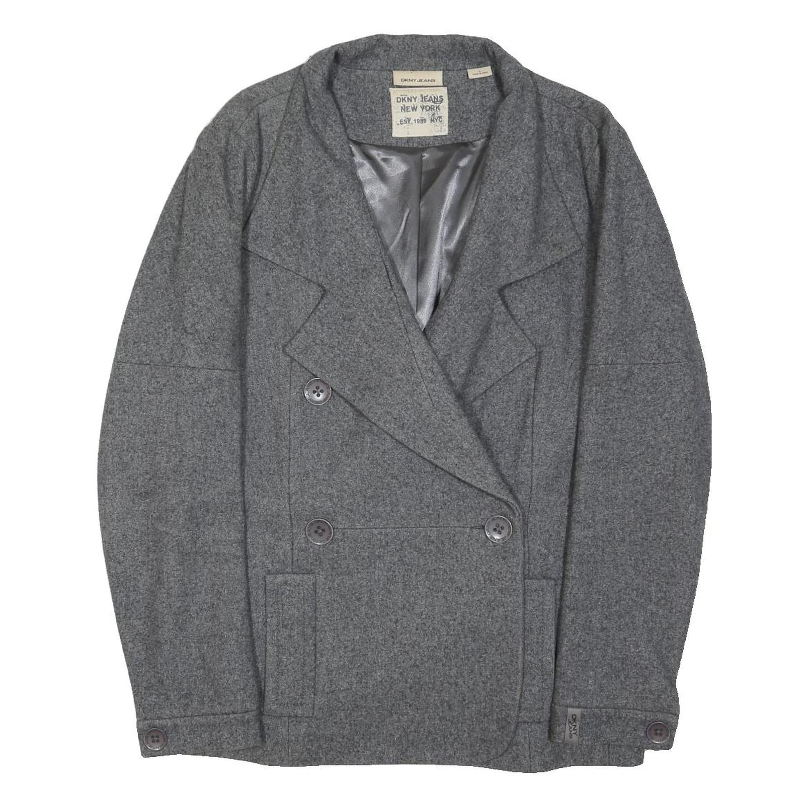 DKNY Womens Grey Wool Blend Double Breasted Jacket L Woven Classic Button