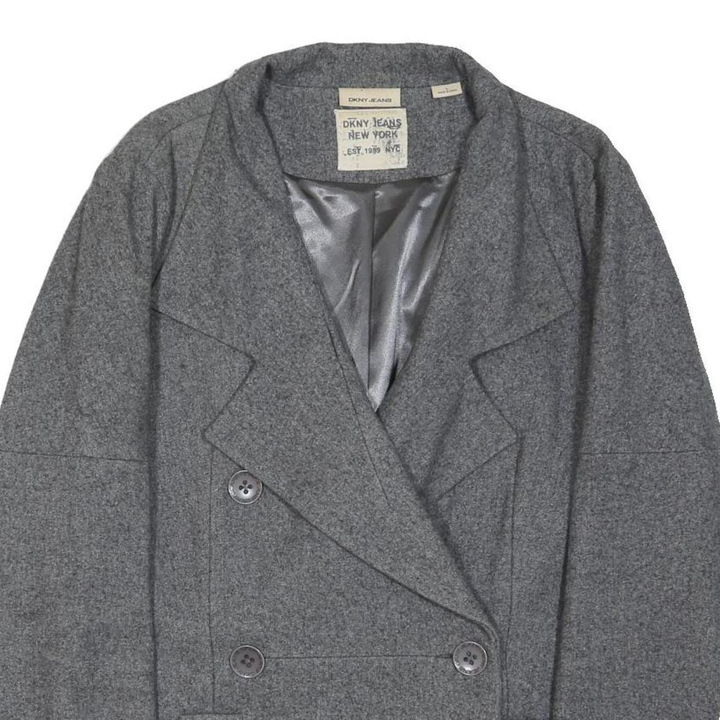 DKNY Womens Grey Wool Blend Double Breasted Jacket L Woven Classic Button
