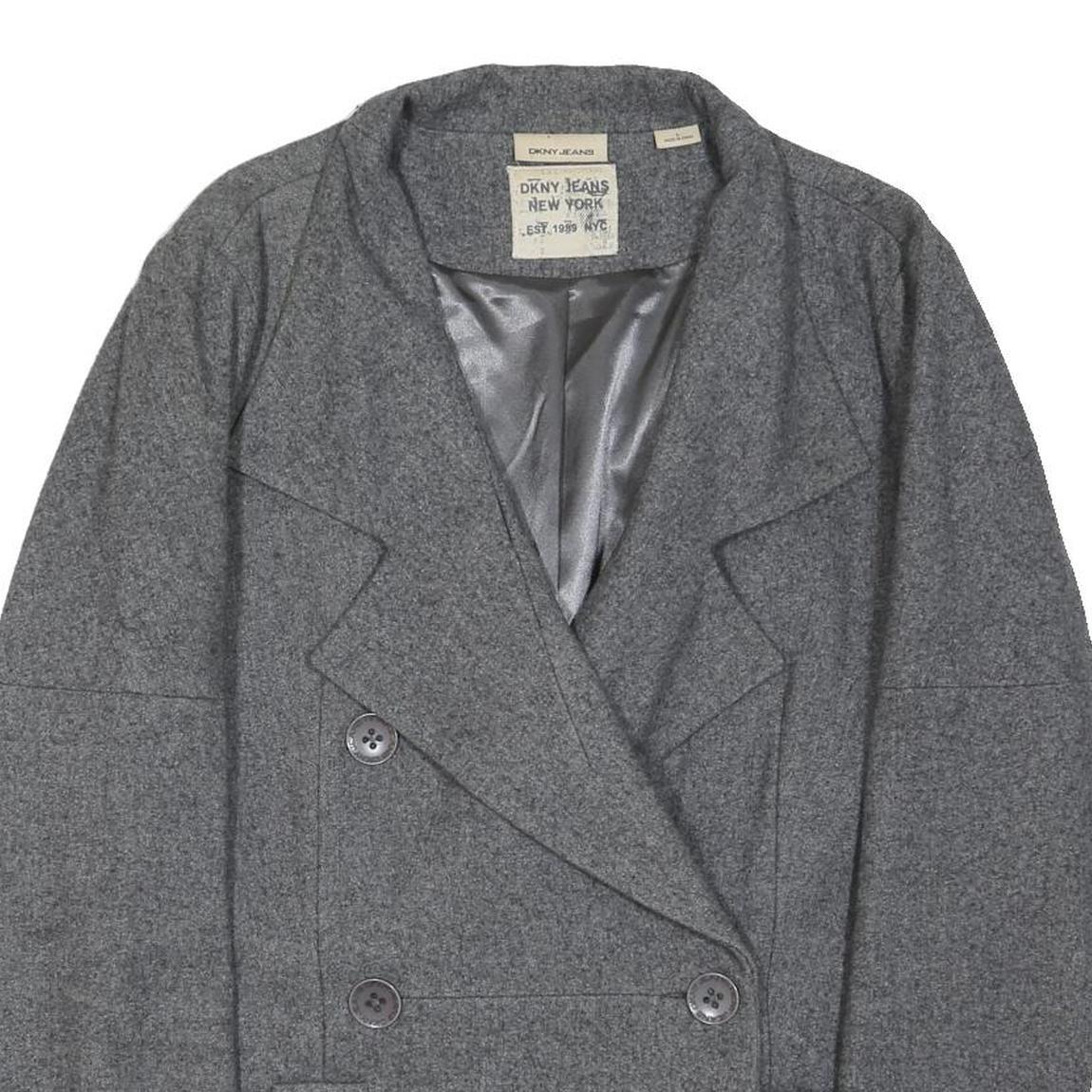 DKNY Womens Grey Wool Blend Double Breasted Jacket L Woven Classic Button