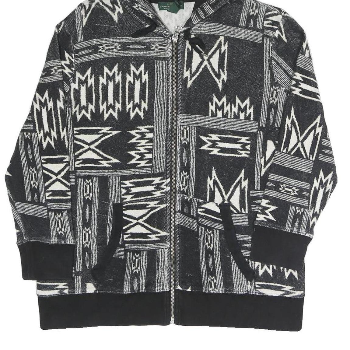 LAUREN RALPH LAUREN Womens Black & White Geometric Full Zip Hoodie L Relaxed Fit