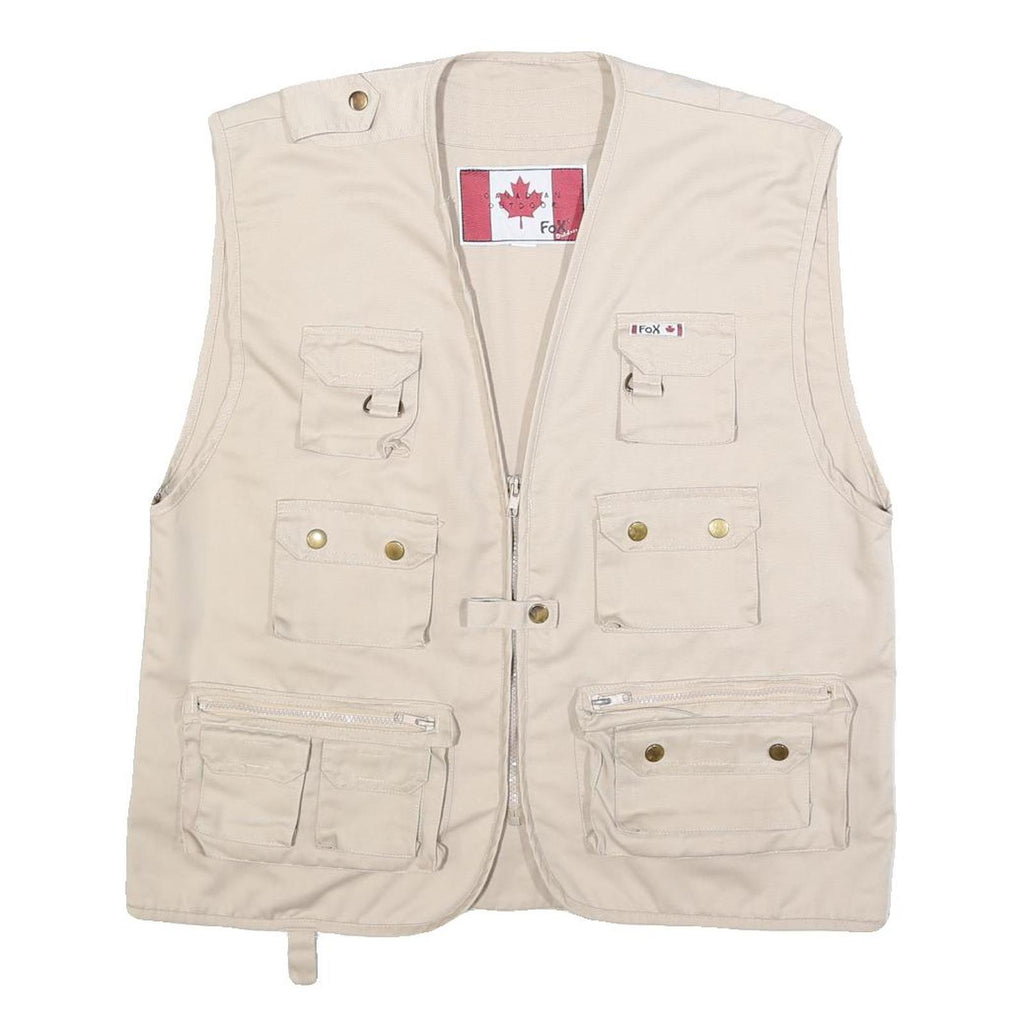 FOX Mens Beige Cotton Blend Jacket XL Multi Pocket Zip Front Casual Utility Vest