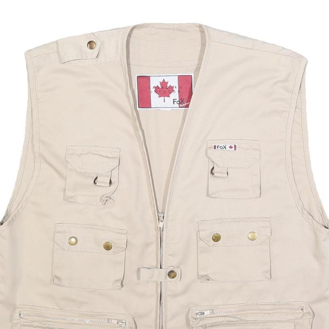 FOX Mens Beige Cotton Blend Jacket XL Multi Pocket Zip Front Casual Utility Vest
