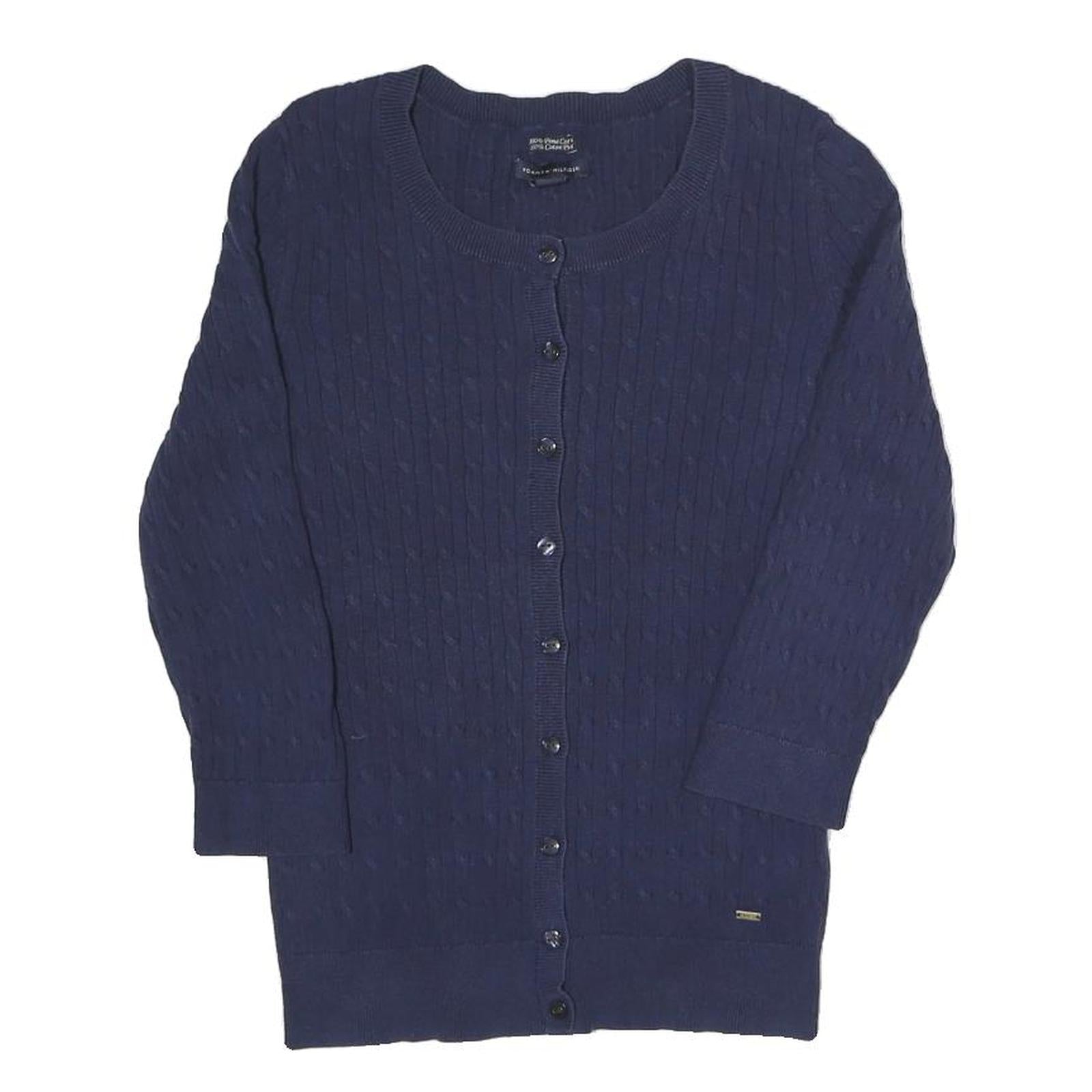 TOMMY HILFIGER Womens Navy Patterned Cotton Blend Cable Knit Cardigan XS Button