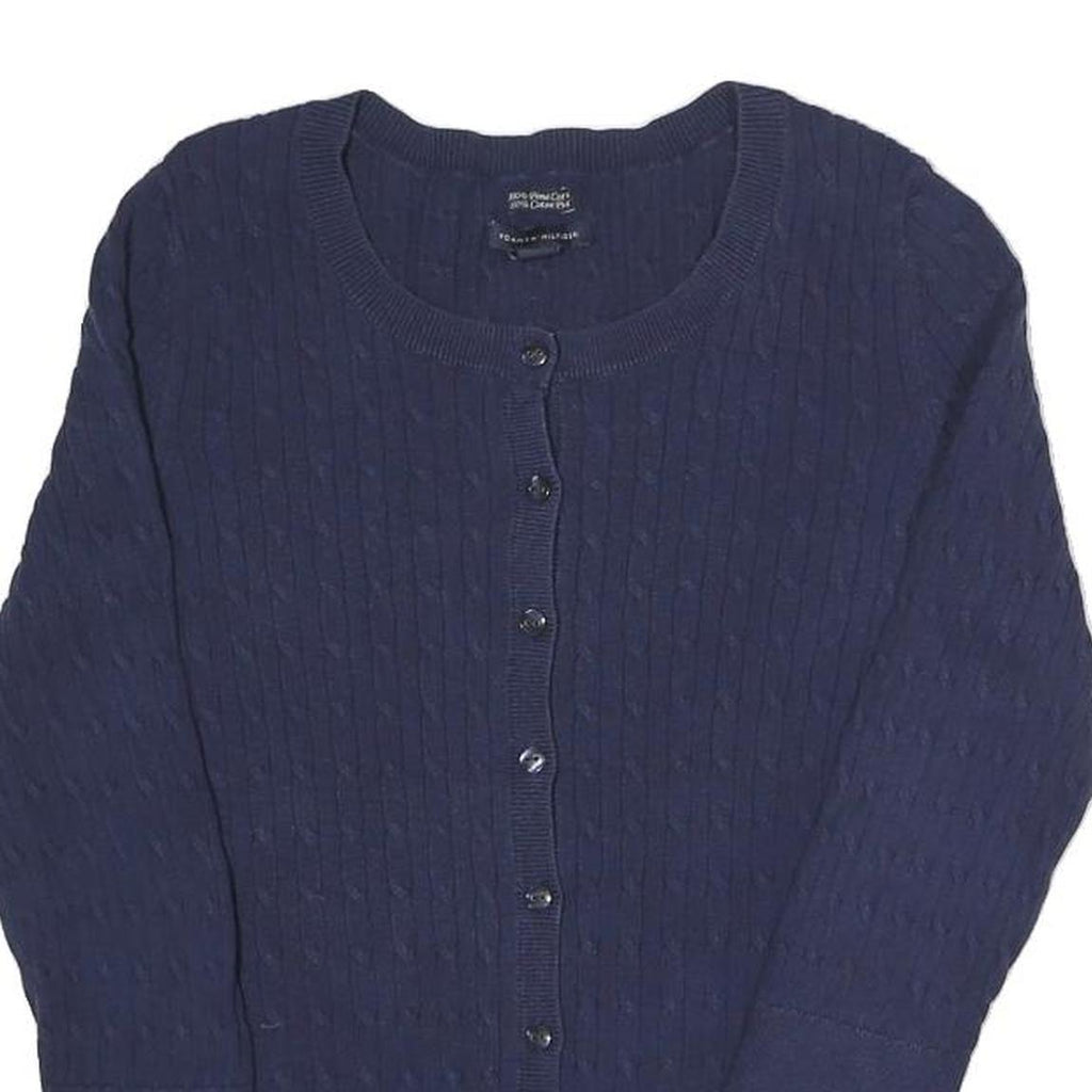 TOMMY HILFIGER Womens Navy Patterned Cotton Blend Cable Knit Cardigan XS Button