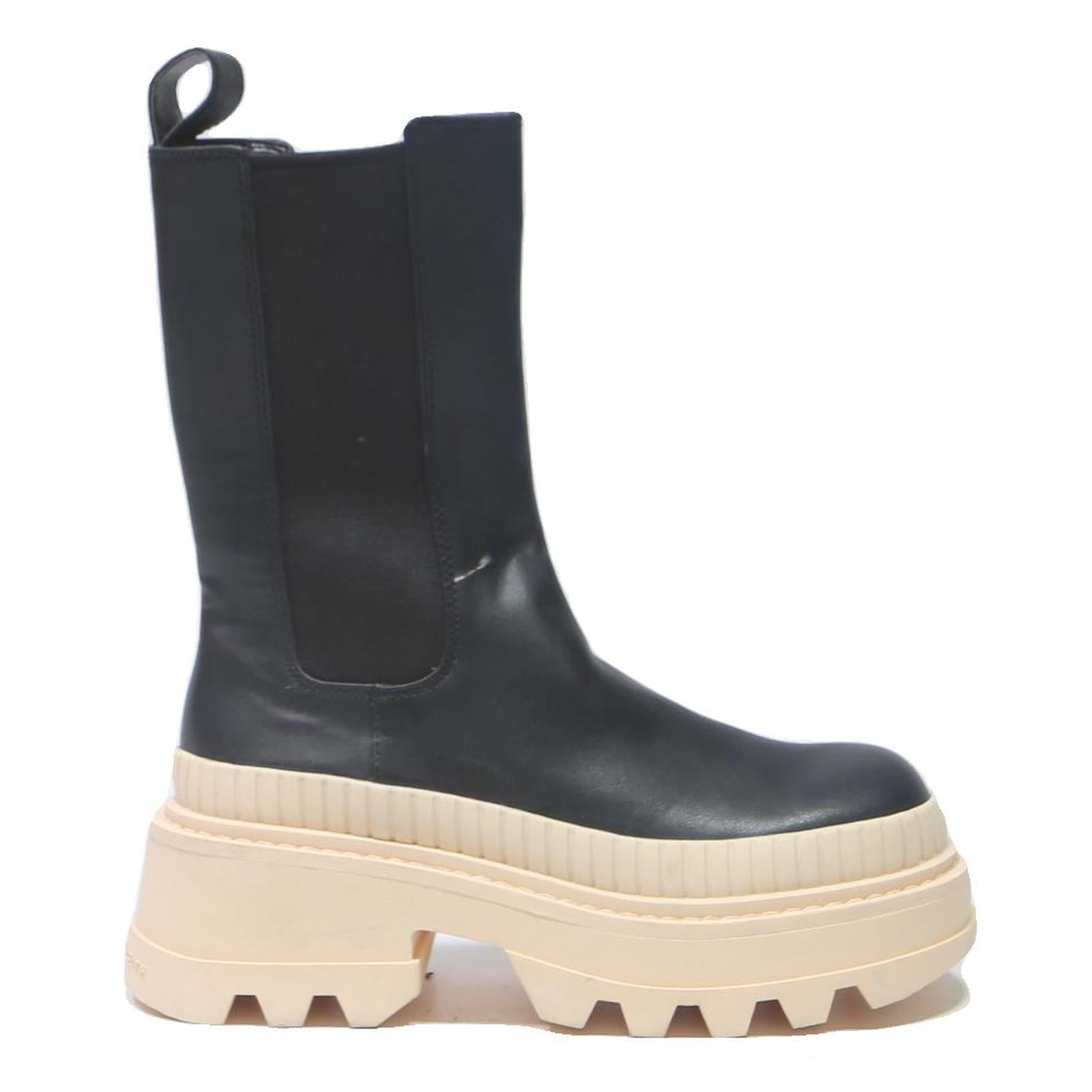 CHARLES & KEITH Womens Chelsea Boots Leather Black UK 3 Chunky Sole Trendy