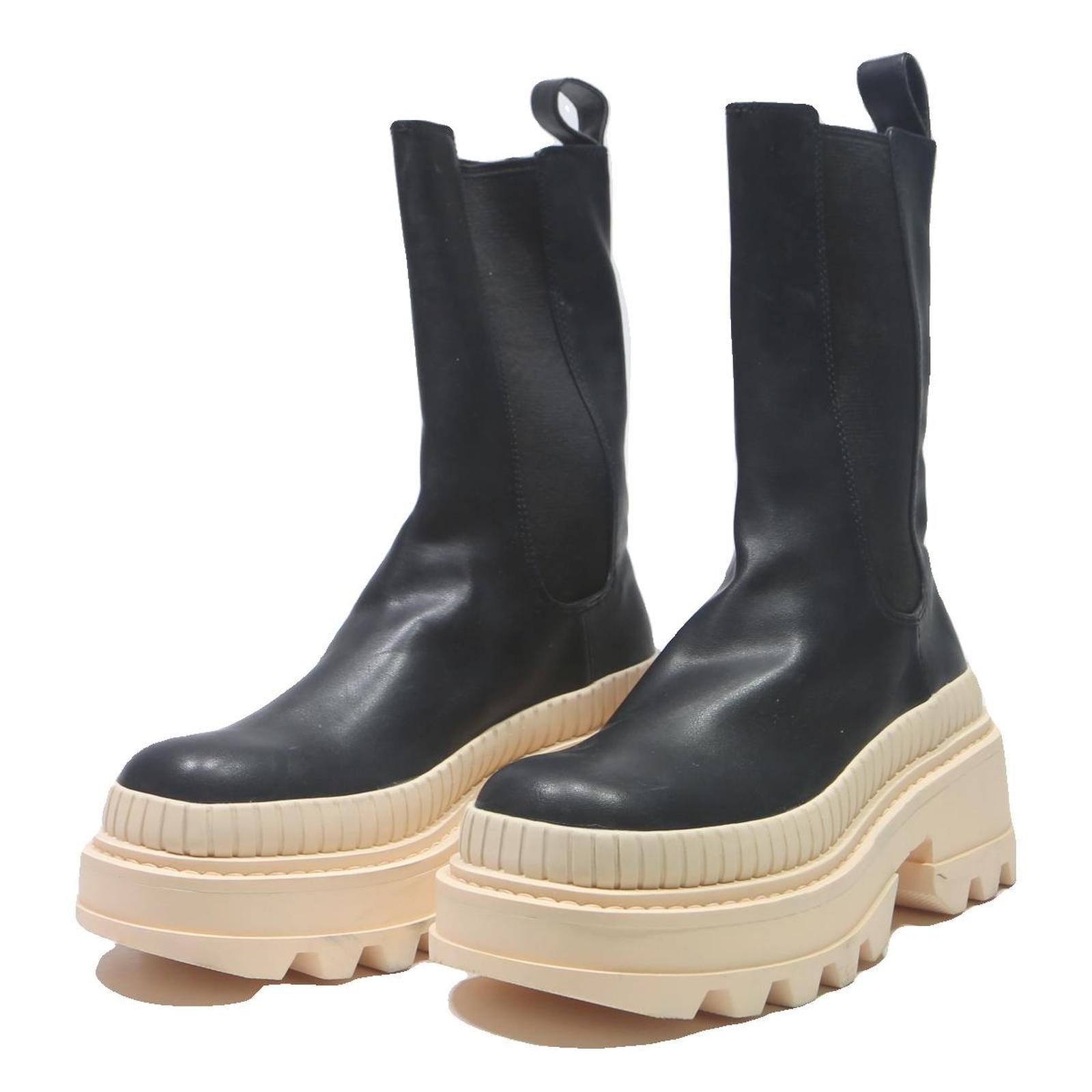 CHARLES & KEITH Womens Chelsea Boots Leather Black UK 3 Chunky Sole Trendy