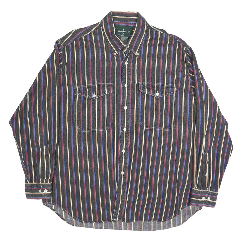 HUNT CLUB Mens Black & Blue Striped Cotton Shirt XL Button-Down Casual Long