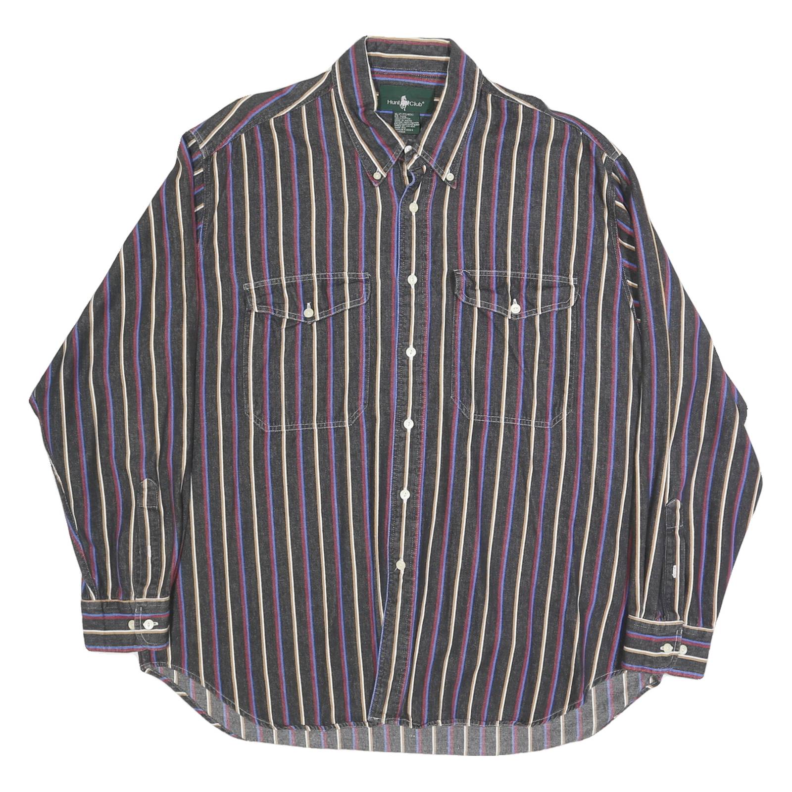 HUNT CLUB Mens Black & Blue Striped Cotton Shirt XL Button-Down Casual Long