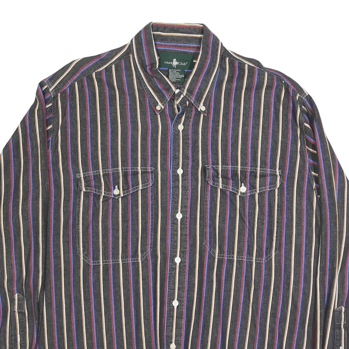 HUNT CLUB Mens Black & Blue Striped Cotton Shirt XL Button-Down Casual Long
