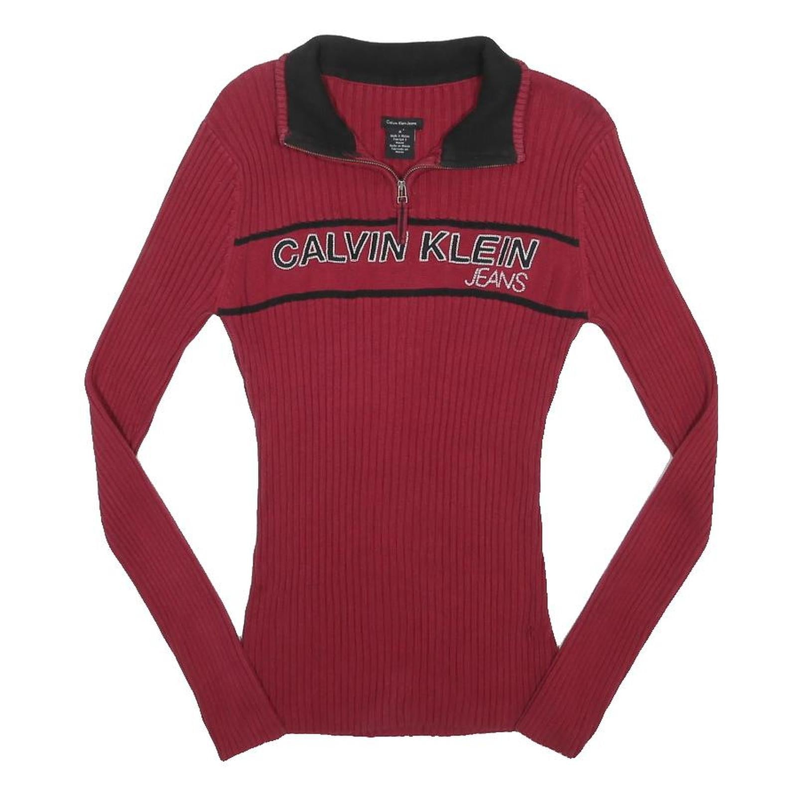 CALVIN KLEIN JEANS Womens Red Patterned Pullover Jumper Quarter Zip Rib Knit M