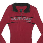 CALVIN KLEIN JEANS Womens Red Patterned Pullover Jumper Quarter Zip Rib Knit M