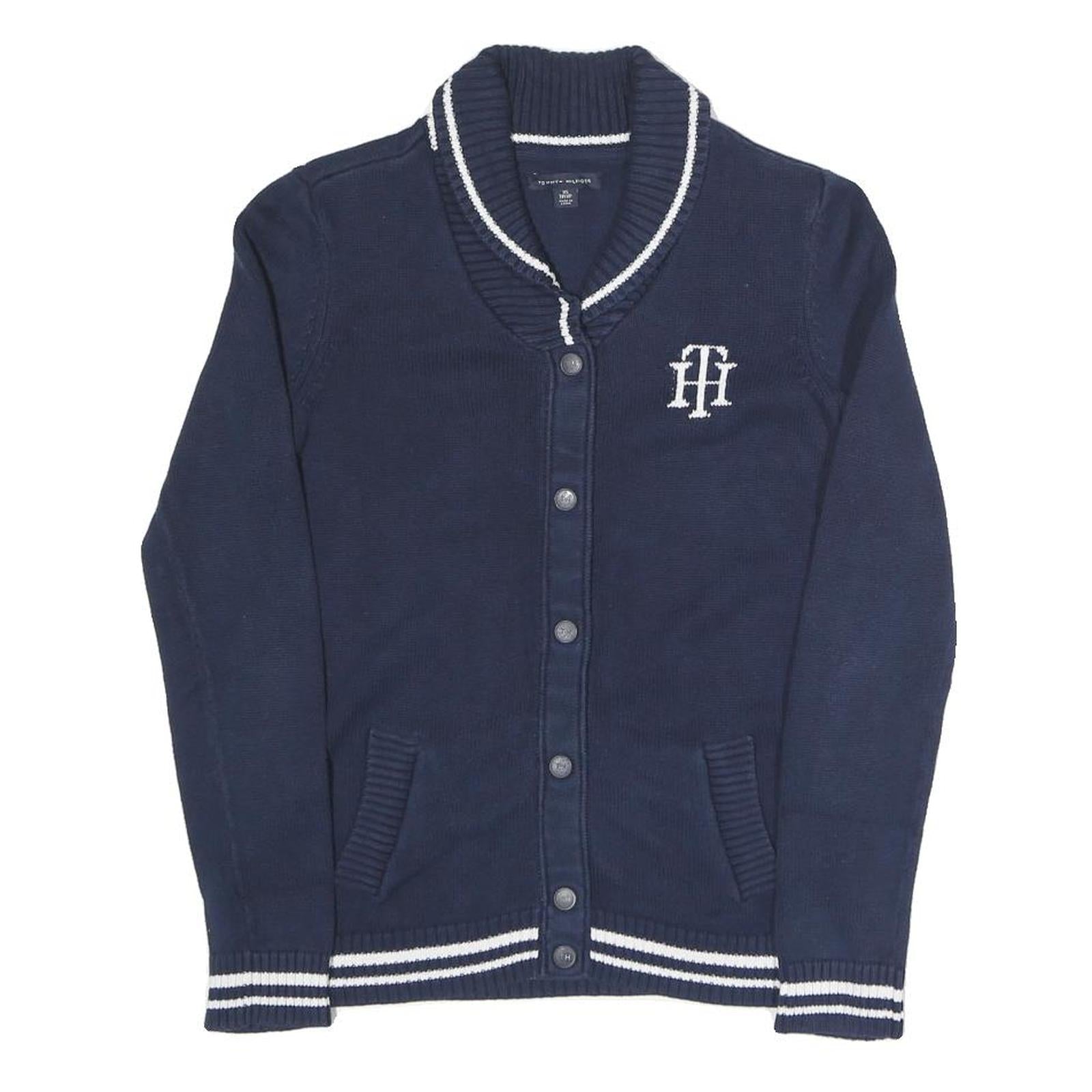 TOMMY HILFIGER Womens Navy & White Classic Button Up Patterned Crew Neck Chunky