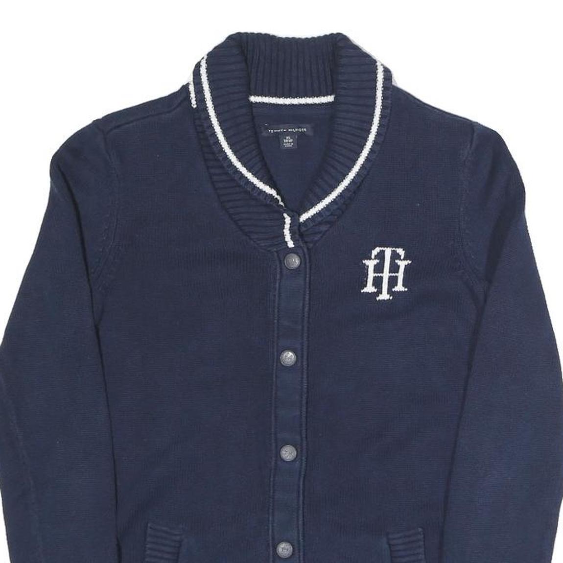 TOMMY HILFIGER Womens Navy & White Classic Button Up Patterned Crew Neck Chunky