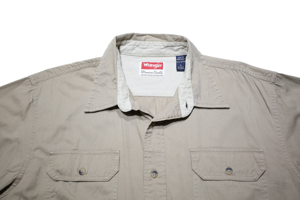 WRANGLER Mens Beige Casual Cotton Short Sleeve Shirt L Button Pocket