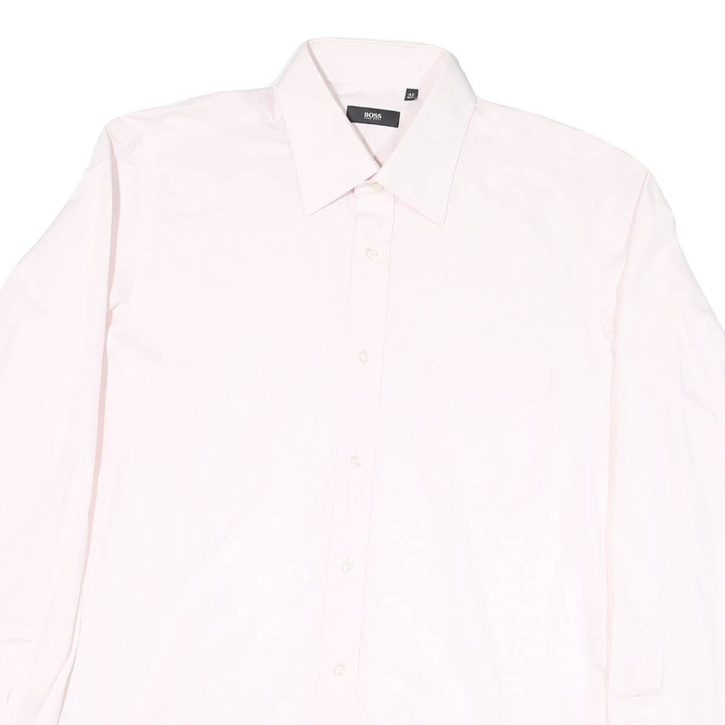BOSS Mens Pink Plain Formal Shirt L Cotton Blend Button Collar Classic Fit