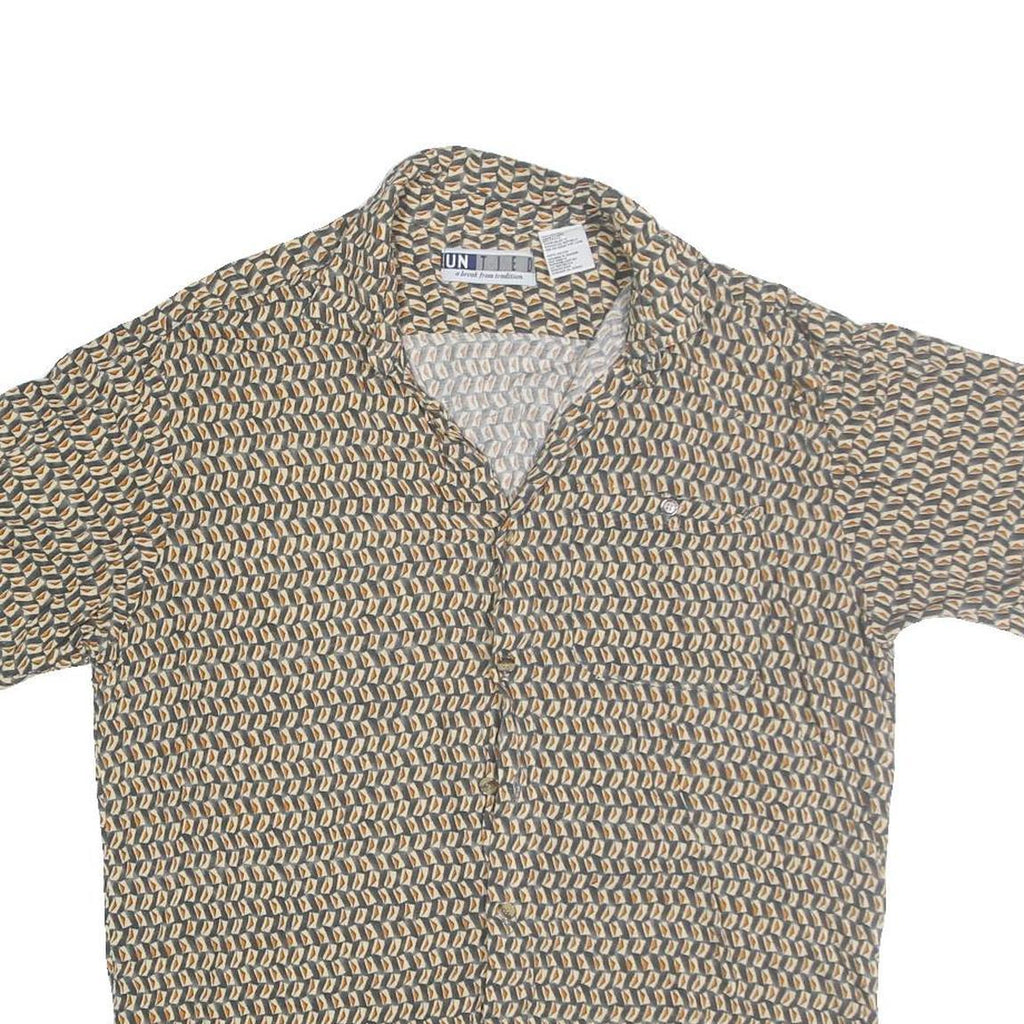 UNTIED Mens Beige & Brown Rayon Shirt L Printed Button Short Sleeve Casual