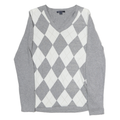 TOMMY HILFIGER Womens Grey & White Patterned Cotton Jumper V-Neck Basic Knit M