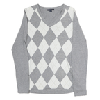 TOMMY HILFIGER Womens Grey & White Patterned Cotton Jumper V-Neck Basic Knit M