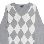 TOMMY HILFIGER Womens Grey & White Patterned Cotton Jumper V-Neck Basic Knit M