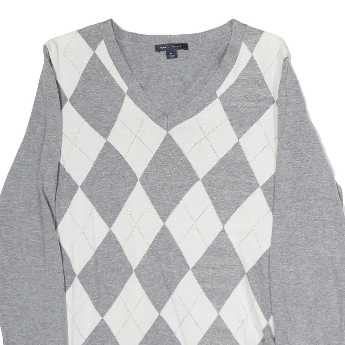 TOMMY HILFIGER Womens Grey & White Patterned Cotton Jumper V-Neck Basic Knit M
