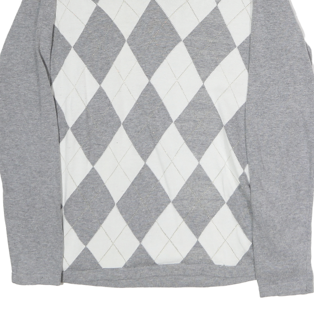 TOMMY HILFIGER Womens Grey & White Patterned Cotton Jumper V-Neck Basic Knit M