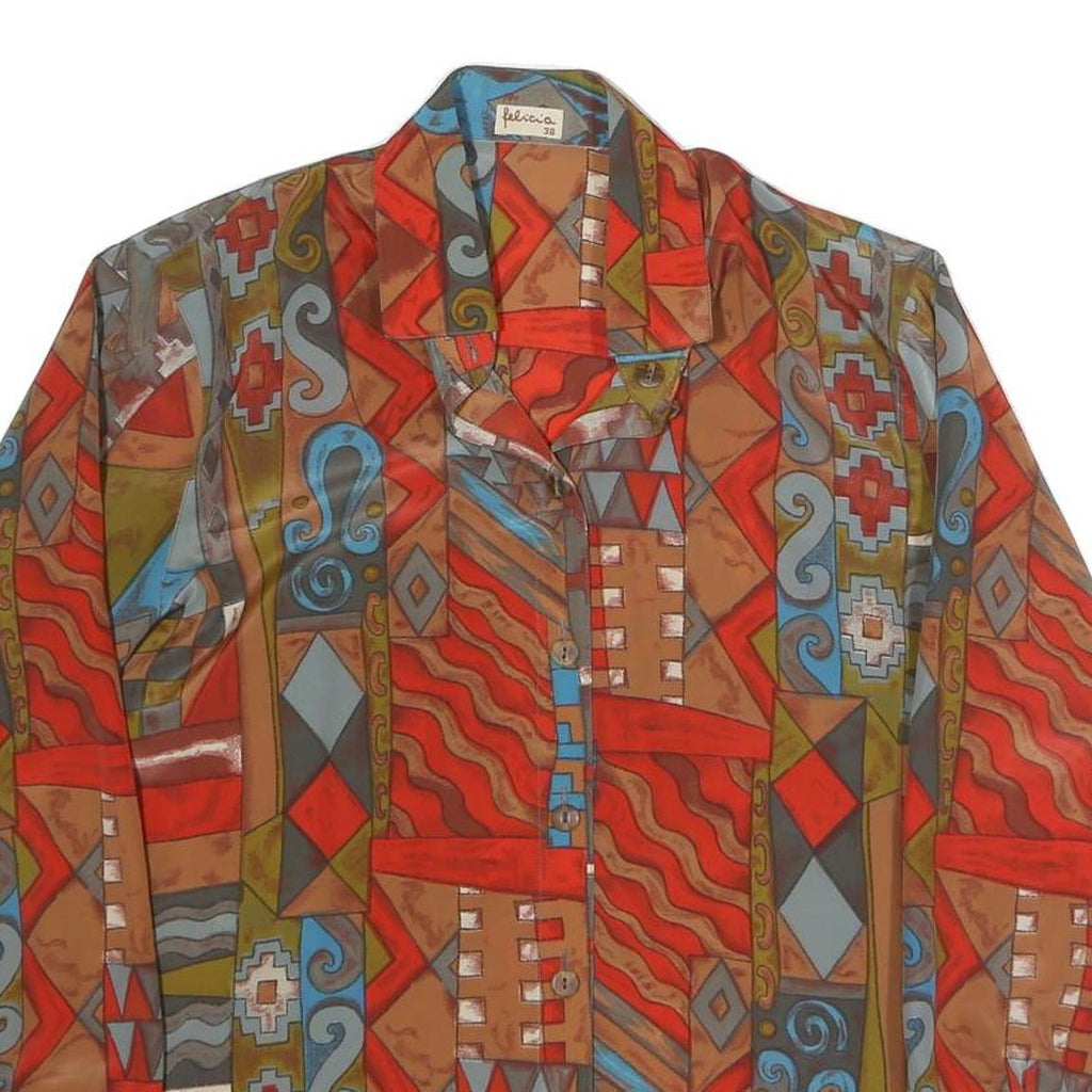 FELICIA Womens Red Brown Blue Printed Shirt Long Sleeve Collared S Vintage Style