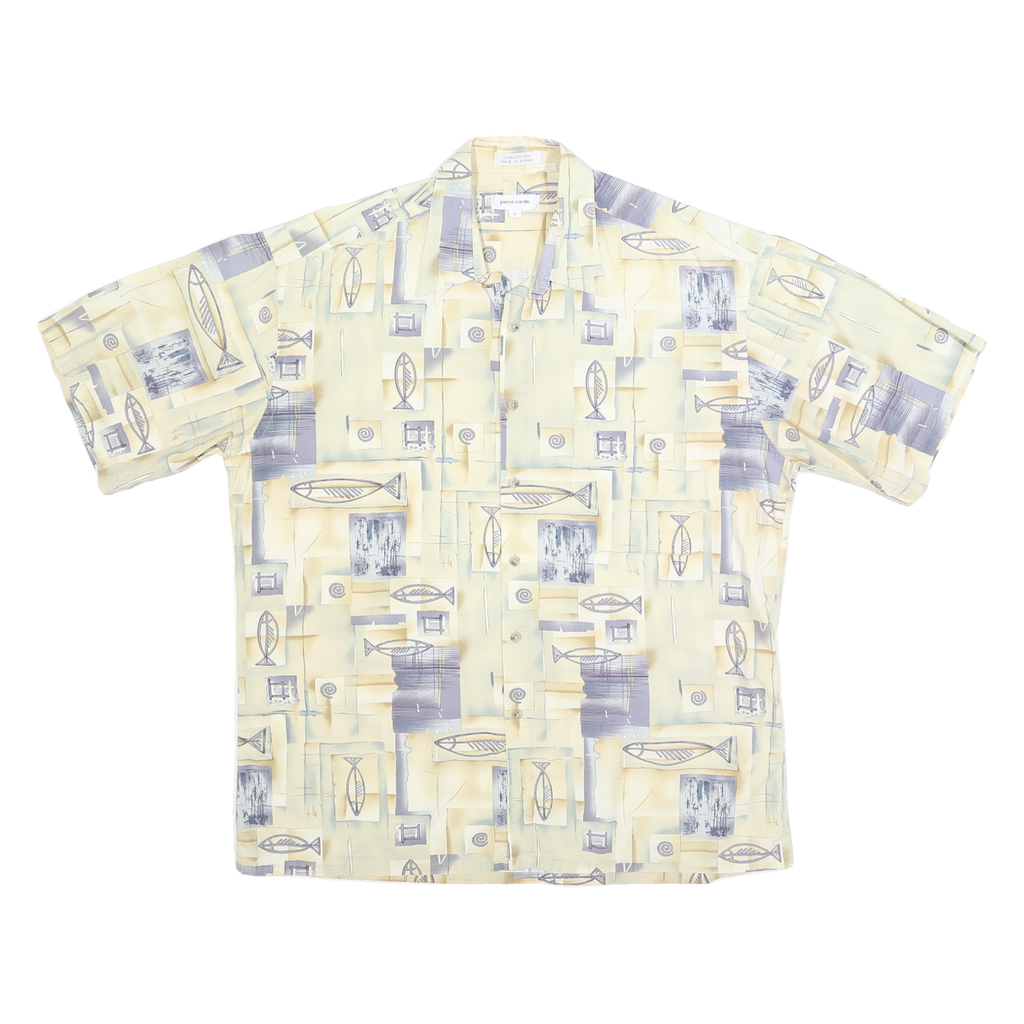 PIERRE CARDIN Mens Cream & Grey Printed Short Sleeve Shirt L Casual Cotton Blend