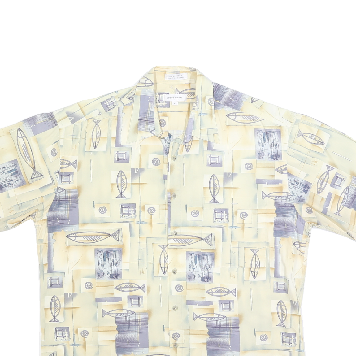 PIERRE CARDIN Mens Cream & Grey Printed Short Sleeve Shirt L Casual Cotton Blend