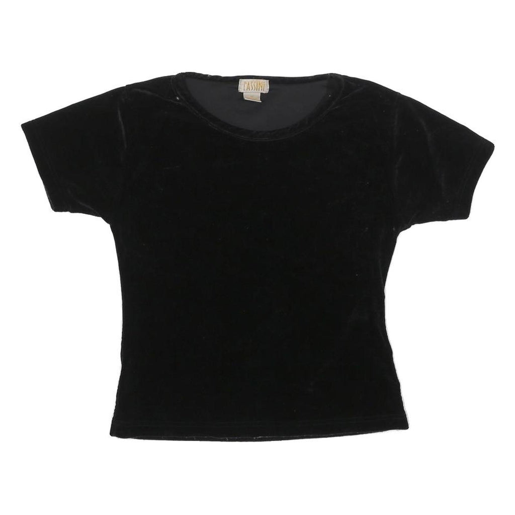 CASSINI Womens Black Basic Top Short Sleeve Round Neck S Velvet Effect