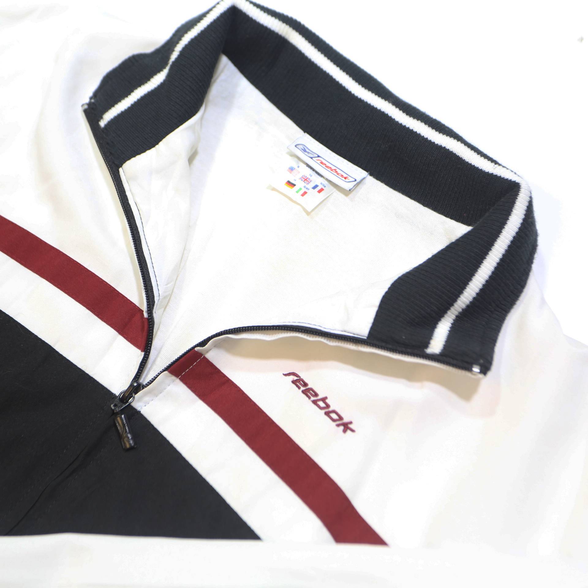 REEBOK Womens Black & White Red Stripe Zip Jacket UK 10 Cotton Blend Casual