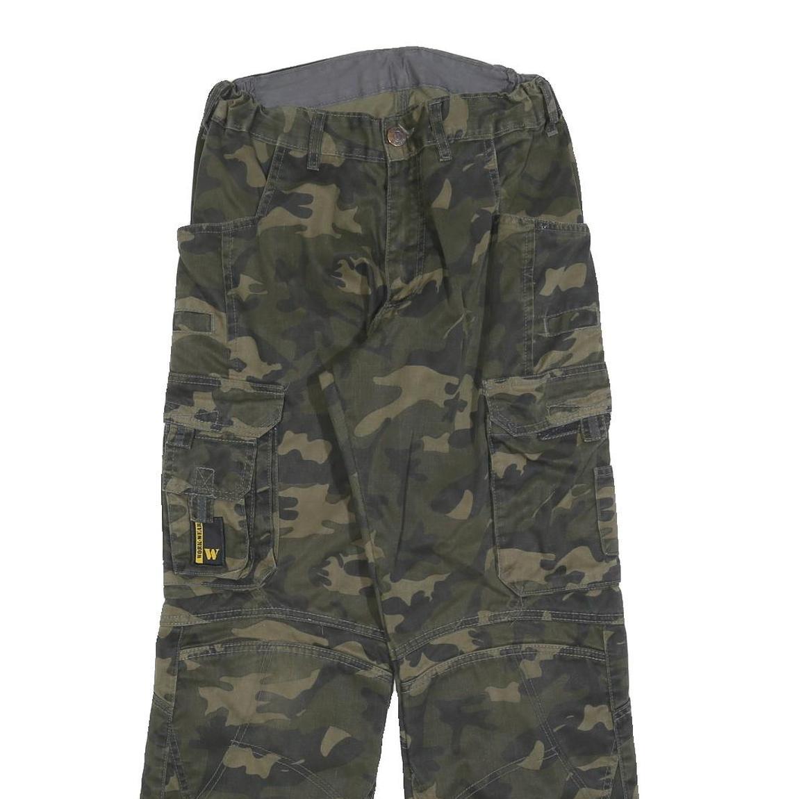 WORK-WEAR Mens Cotton Blend Green Camouflage Regular Cargo Trousers W27 L29 Work