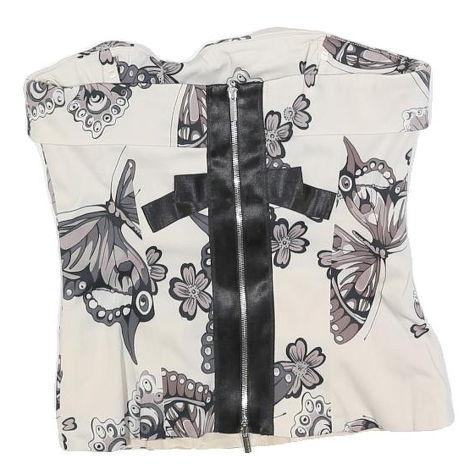KAREN MILLEN Womens Cream Butterfly Printed Strapless Top UK 10 Zip Back