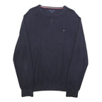 TOMMY HILFIGER Mens Navy Blue Plain Cotton Blend Crew Neck Basic Knit Jumper L