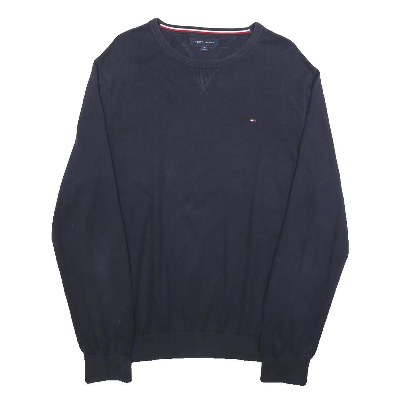TOMMY HILFIGER Mens Navy Blue Plain Cotton Blend Crew Neck Basic Knit Jumper L