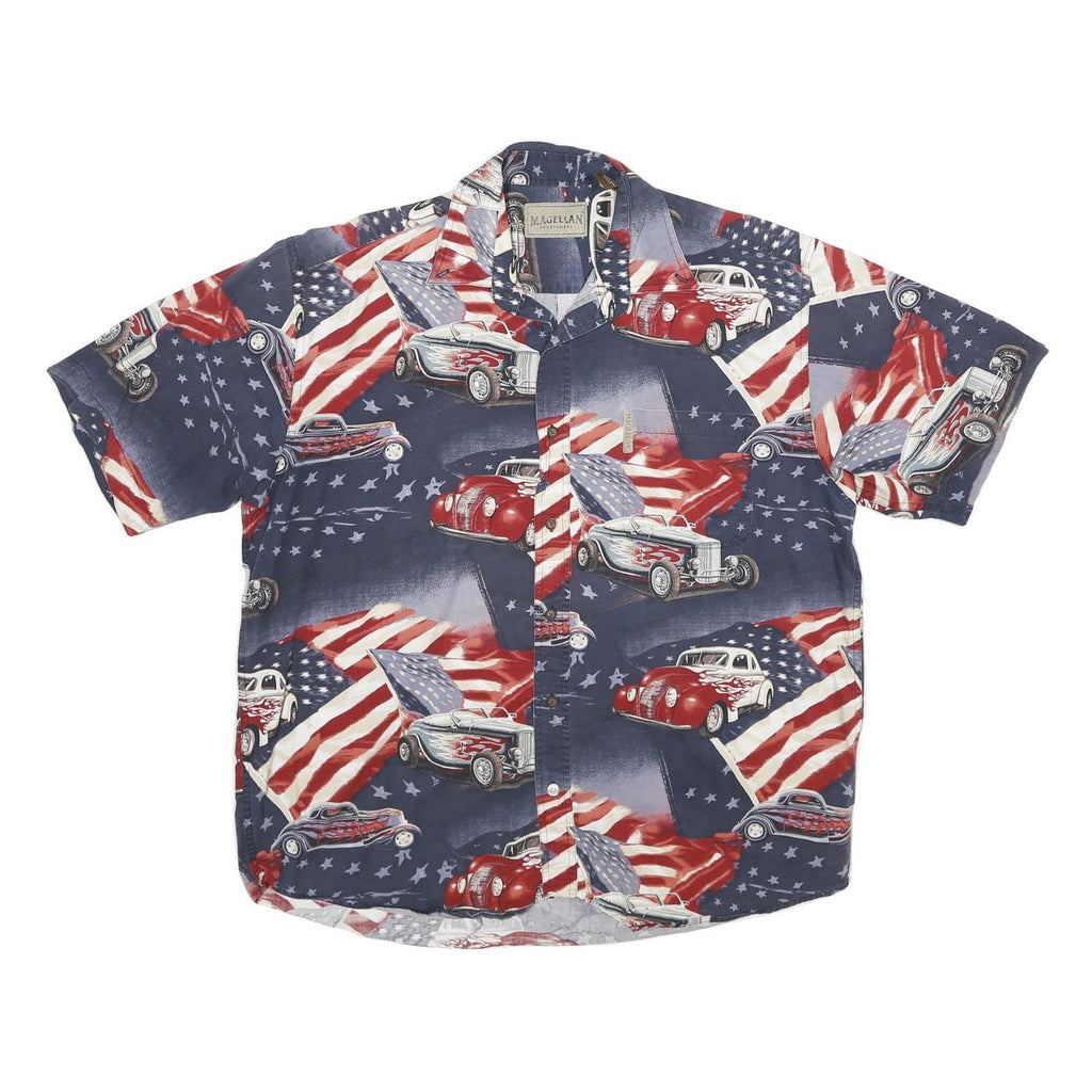 MAGELLAN Mens Blue Red Cotton Printed Shirt L Vintage Classic Car American Flag
