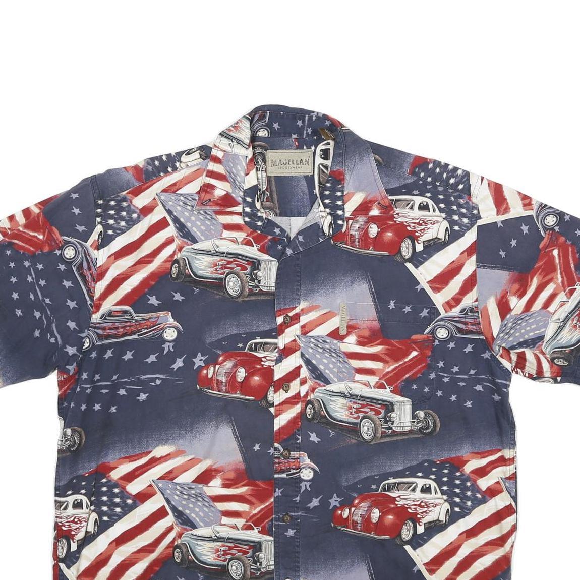 MAGELLAN Mens Blue Red Cotton Printed Shirt L Vintage Classic Car American Flag