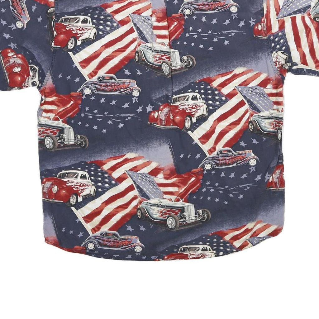 MAGELLAN Mens Blue Red Cotton Printed Shirt L Vintage Classic Car American Flag
