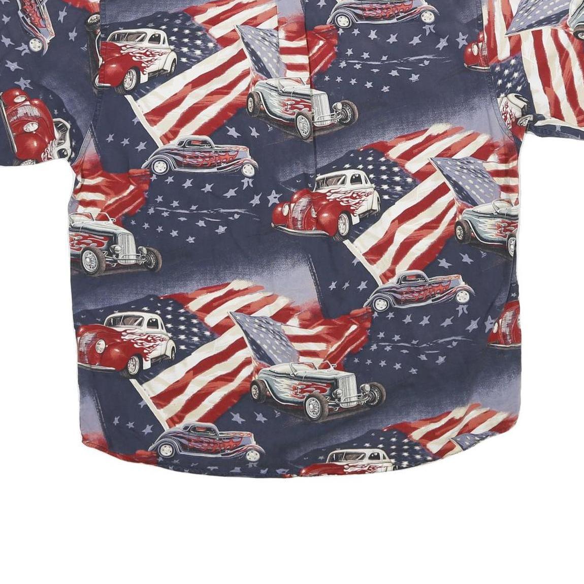 MAGELLAN Mens Blue Red Cotton Printed Shirt L Vintage Classic Car American Flag