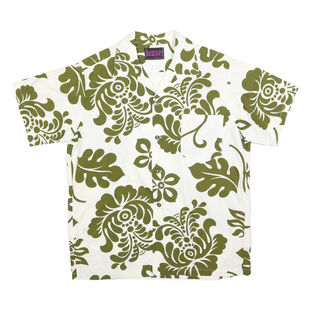 NOW! Mens White & Olive Green Cotton Blend Short Sleeve Shirt S Relaxed Fit