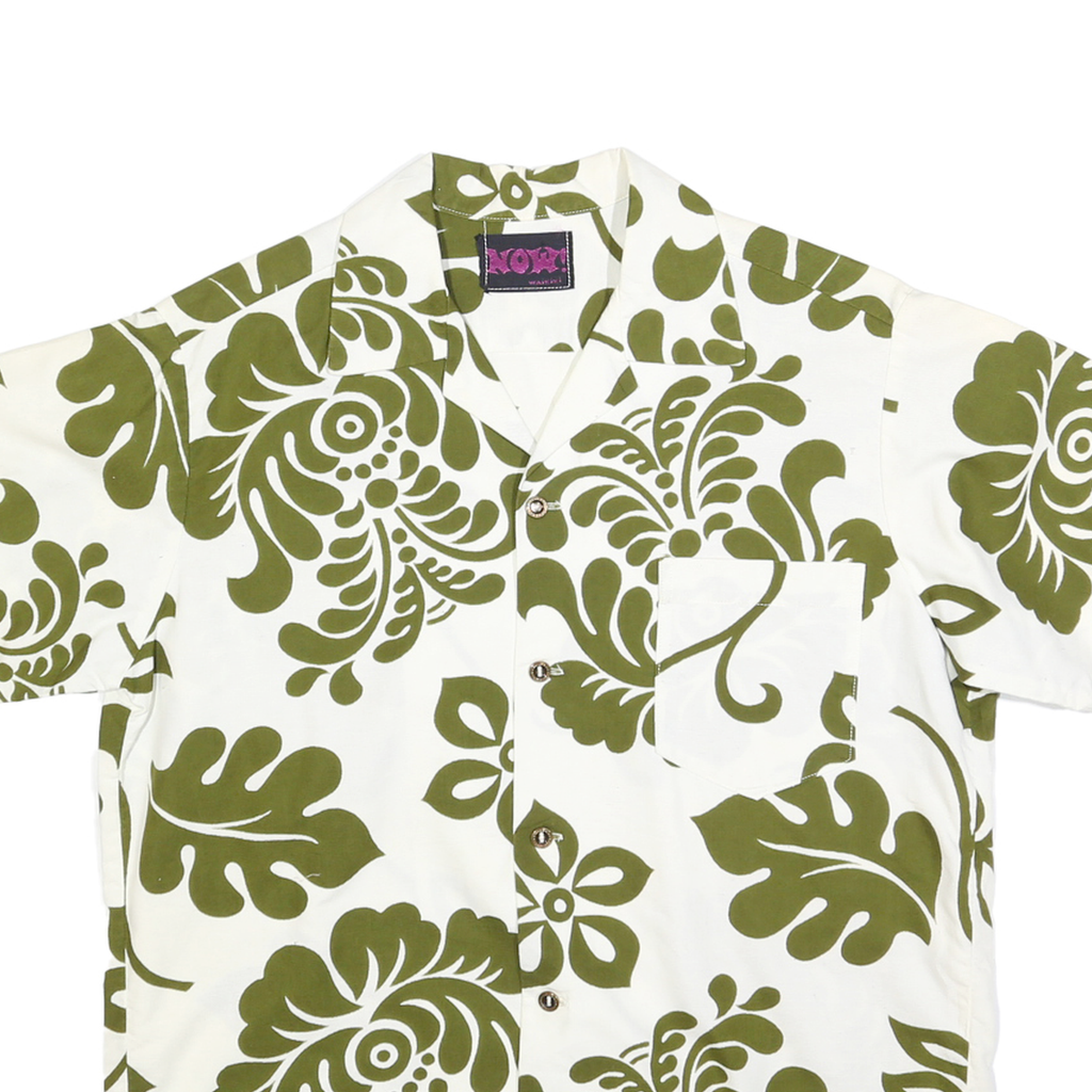 NOW! Mens White & Olive Green Cotton Blend Short Sleeve Shirt S Relaxed Fit