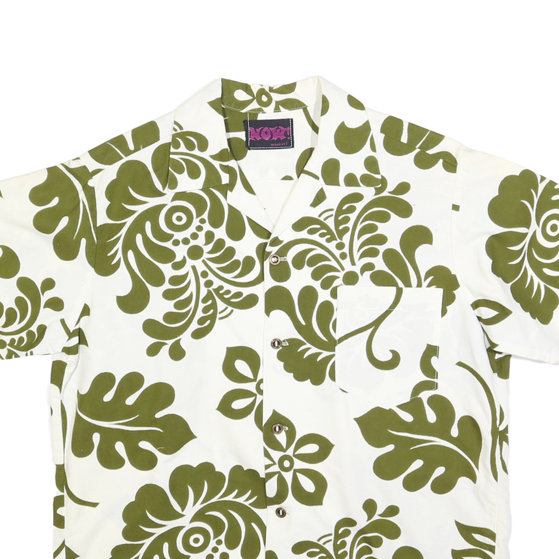 NOW! Mens White & Olive Green Cotton Blend Short Sleeve Shirt S Relaxed Fit