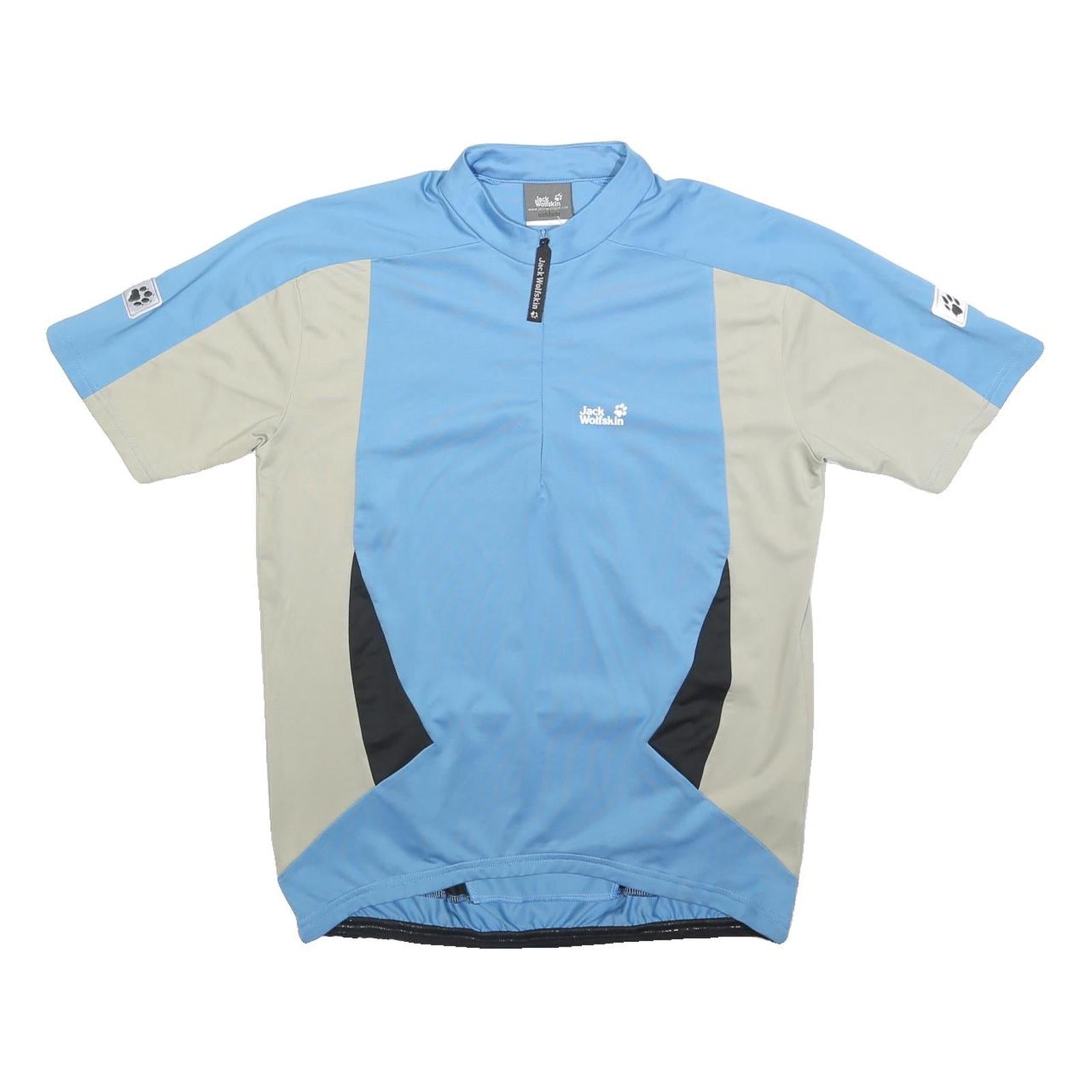 JACK WOLFSKIN Mens Blue & Beige Cycling T-Shirt M Short Sleeve 1/4 Zip Polyester