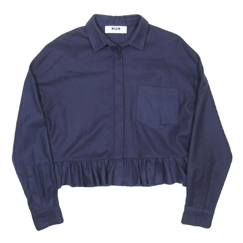 MSGM Womens Blue Shirt Long Sleeve Collared Wool Frill Hem M