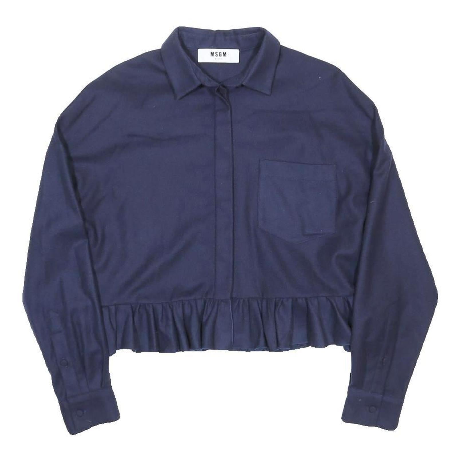 MSGM Womens Blue Shirt Long Sleeve Collared Wool Frill Hem M