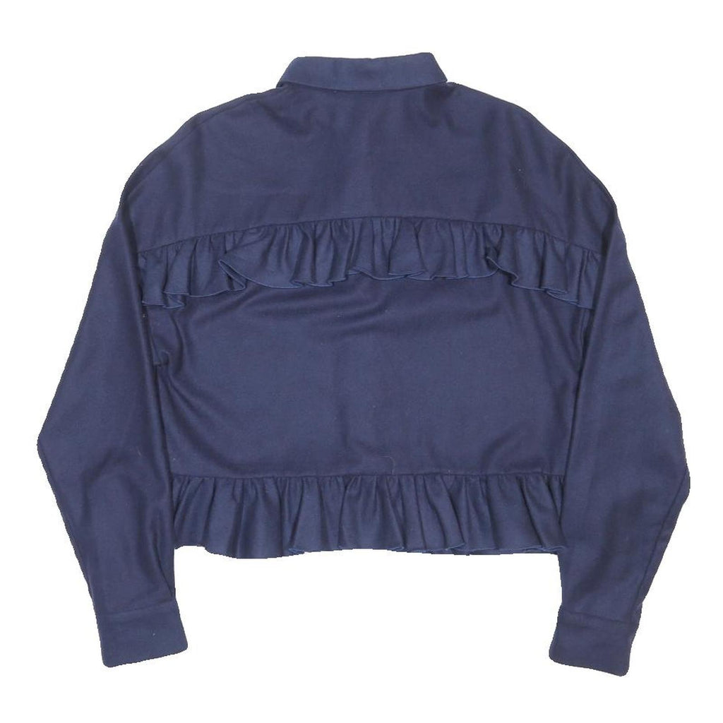 MSGM Womens Blue Shirt Long Sleeve Collared Wool Frill Hem M